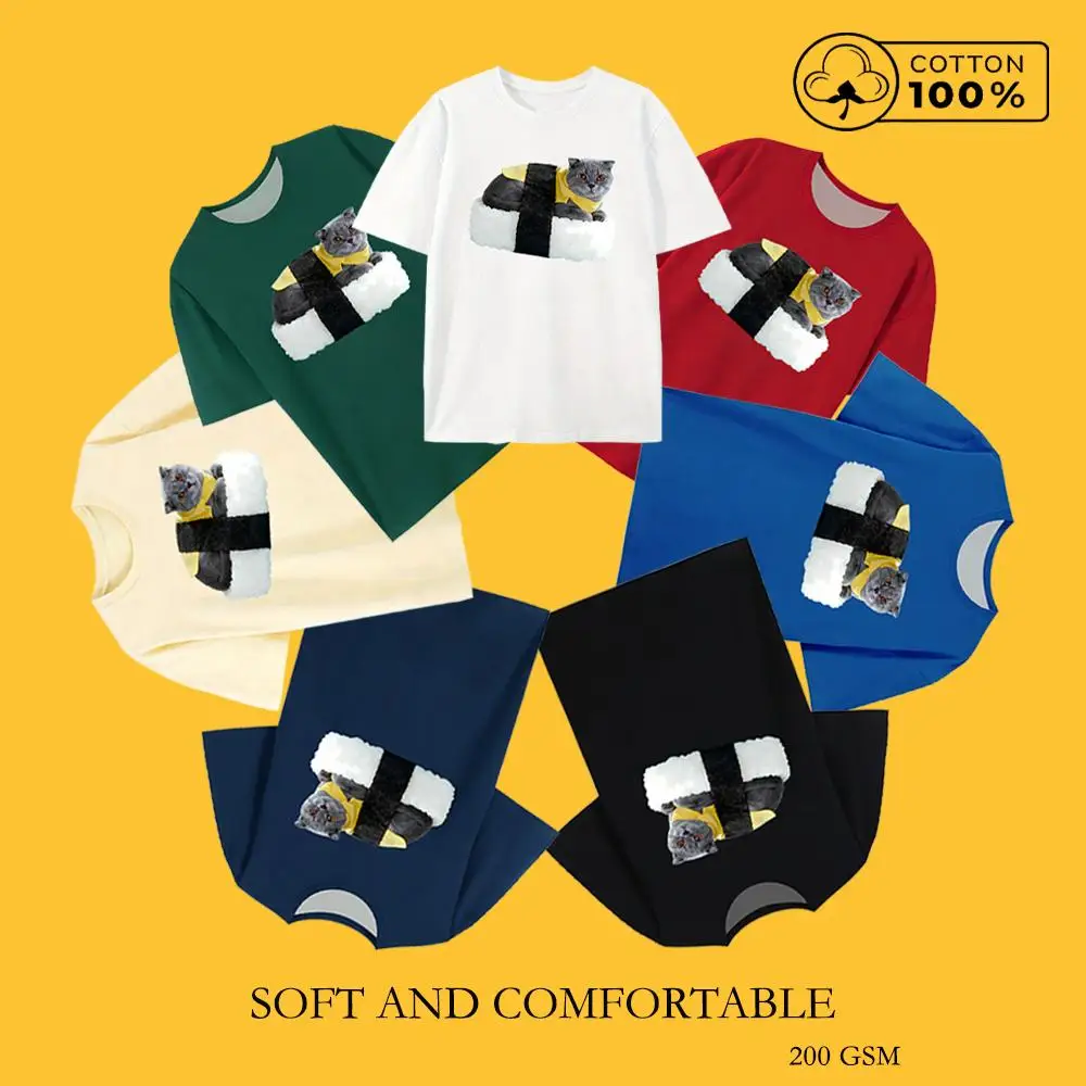 

Funny Sushi Cat Meme Pattern T-Shirts Personality Humorous Animal Print Short Sleeve Tops Casual Daily High-Quality Cotton Tees