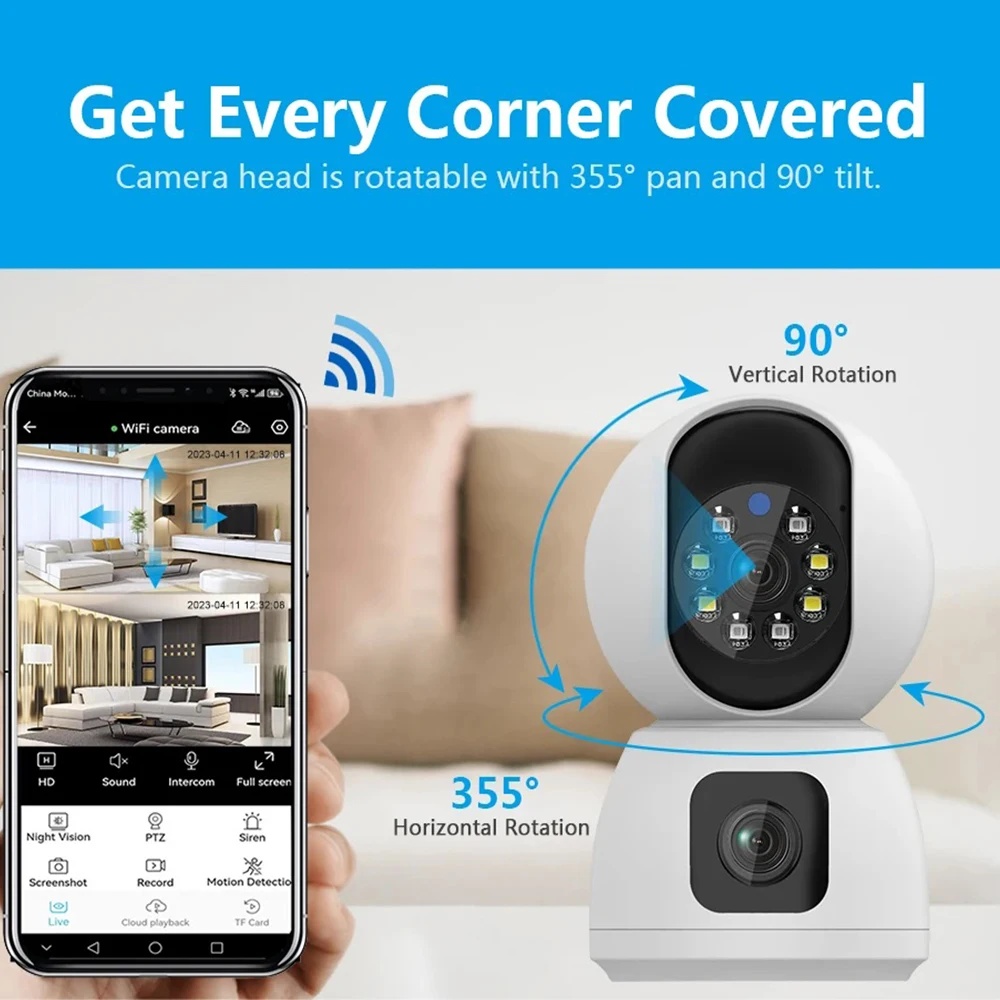 Cámara IP de doble lente 4K, videocámara de seguridad CCTV inalámbrica con Wifi, detección humana AI, visión nocturna a todo Color, vídeo para interiores, Smart Home