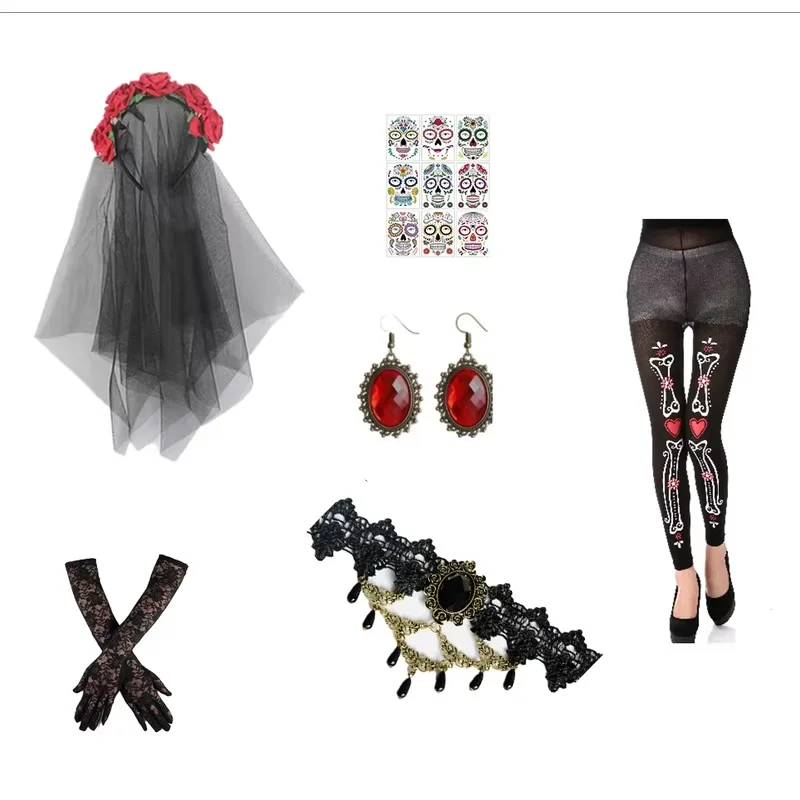 

PESENAR Halloween clothing accessories: rose veil, red earrings, printed leggings, lace gloves bring a ghostly Halloween look