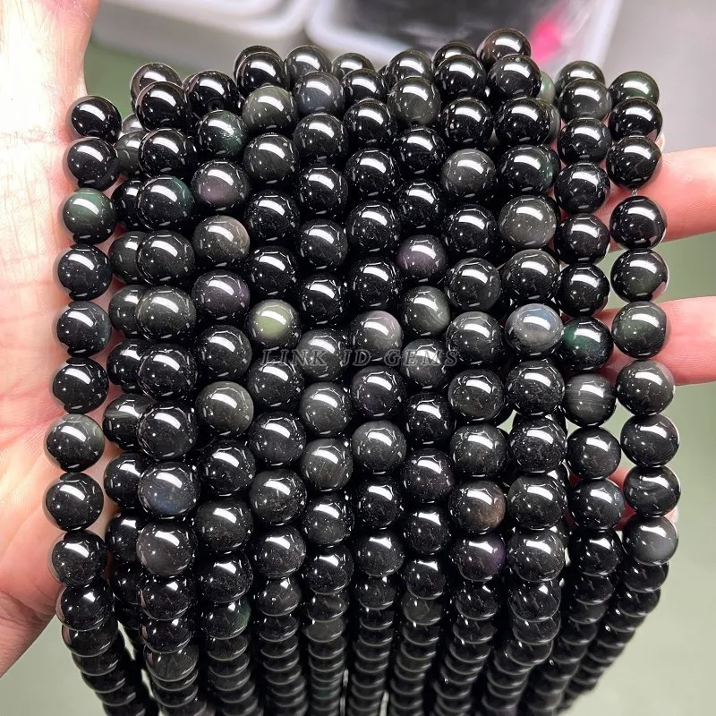 5A Smooth Natural Stone Beads Black Obsidian Round Loose Spacer Bead For Jewelry Making DIY Charm Bracelets Necklace Accessories