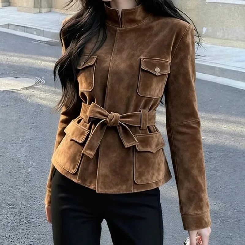 Superbe Manteau Court Rétro et Élégant en Daim Marron, Cintrant à la Taille, Très Attrayant, Style Mature Léger pour Femme, Automne