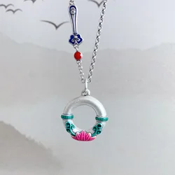 925 Silver Simple Lotus Flower Glossy Circular Necklace for Women Retro Original Design Pendant Ruyi Clavicle Chain Jewelry