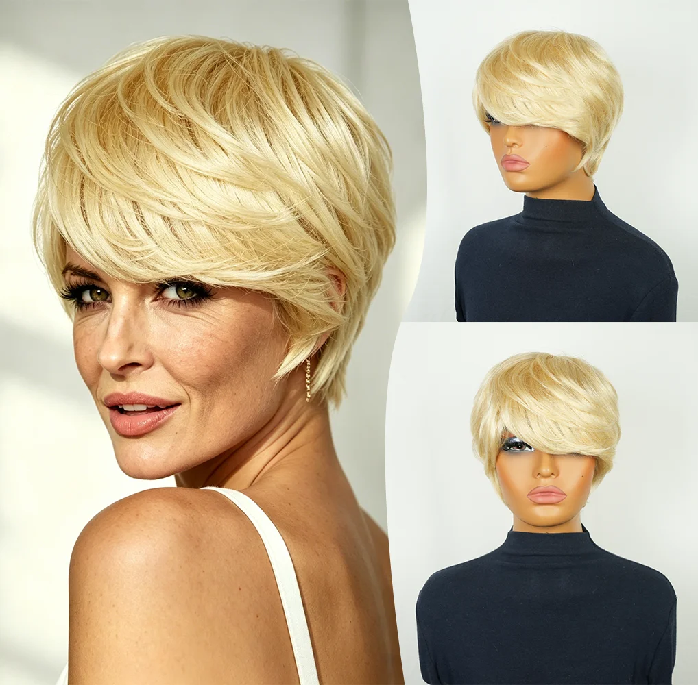 

Women'S 613 Blonde Straight Textured Pixie Cut Wig with Bangs Machine Made Natural Looking Layered Blonde Human Hair Wig