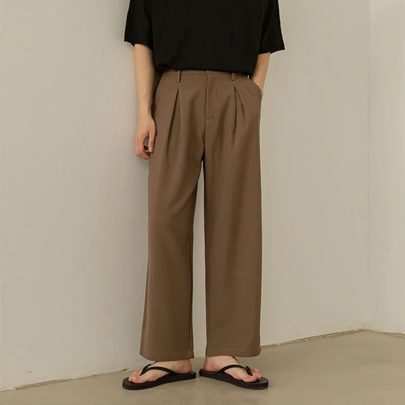 

Men's Minimalist Wide Leg Trousers High Waist Pleated Loose Fit Solid Brown Casual Pants For Daily Streetwear