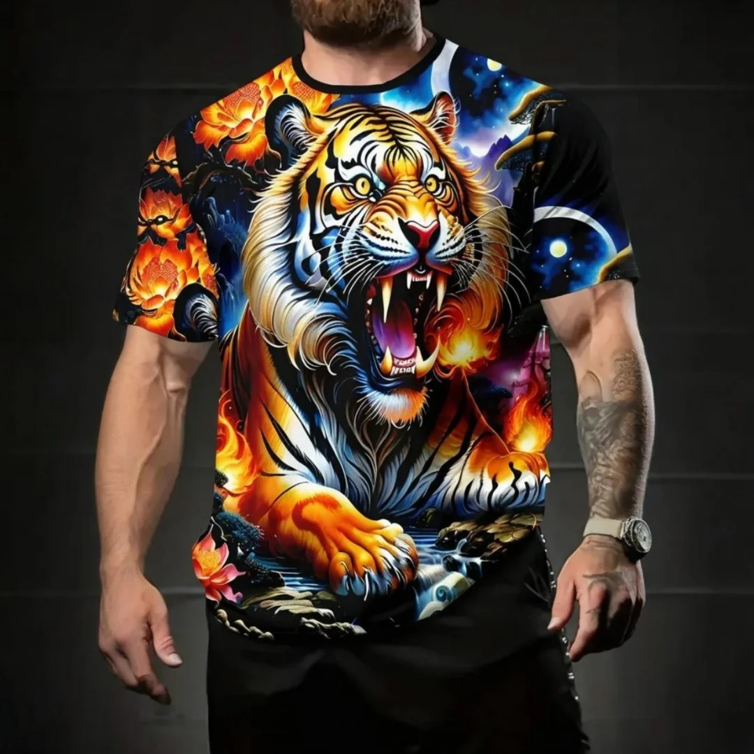 

Men's short-sleeved T-shirt summer outdoor casual round neck top 3D lion print pattern large Oversize loose men's clothing shirt