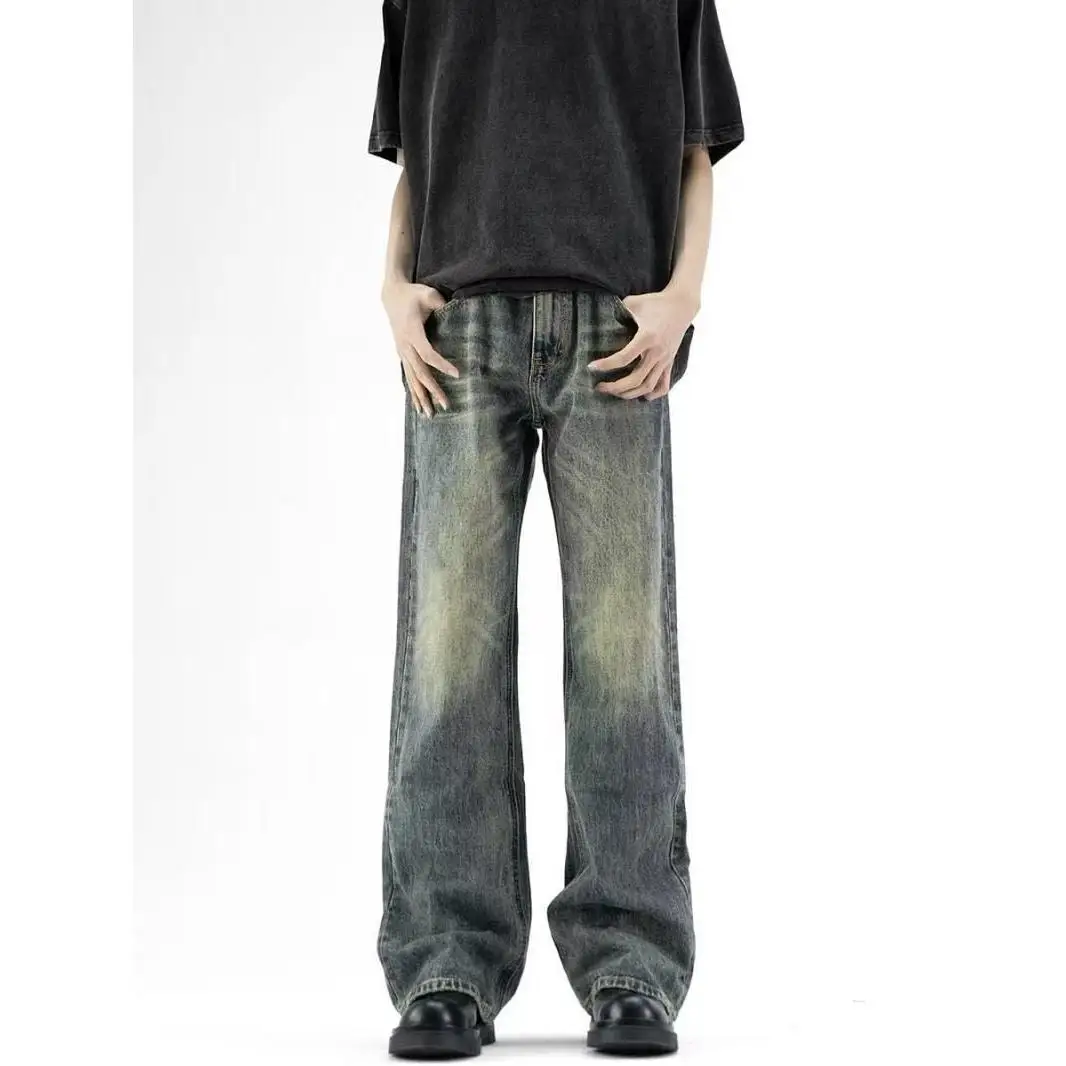 

Retro Waed Loose Straight Leg Jeans High Street Sle for Men Autumn Winter Cement ey Flared Pants Casual Cotton Denim