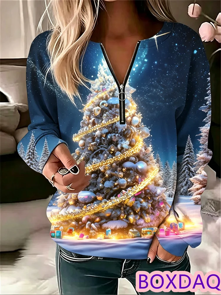 Christmas Party Women's Sweatshirt Pullover Loose Zipper V-neck Christmas Tree Print Long Sleeve Tops Casual Autumn Pullovers