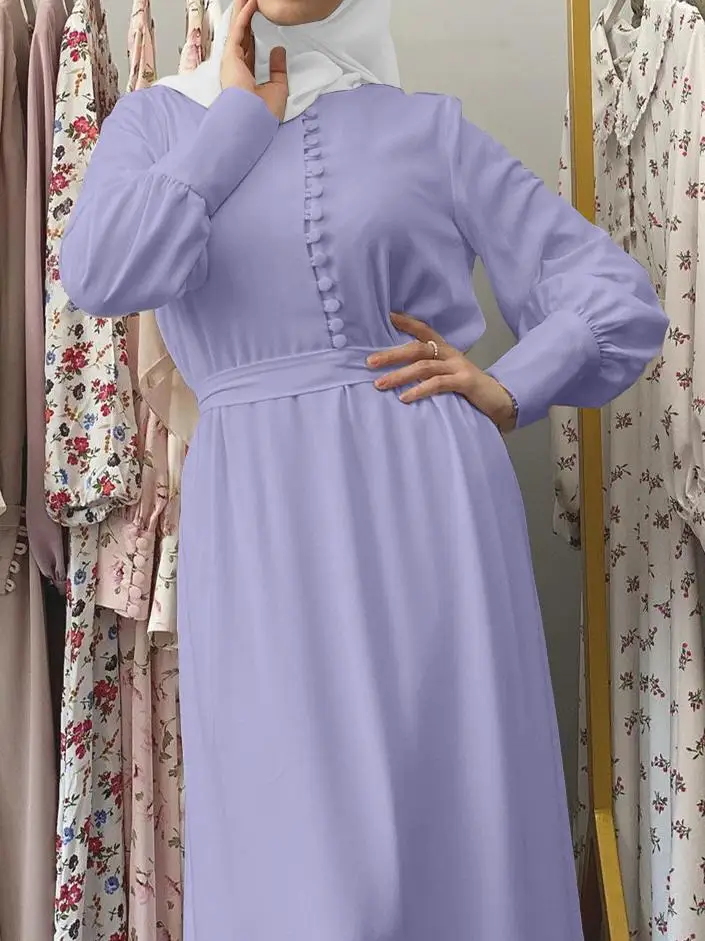 Mulheres muçulmanas elegante chiffon simples cor sólida macio vestido longo cintura-gravata vestido de camada dupla robe abaya botão