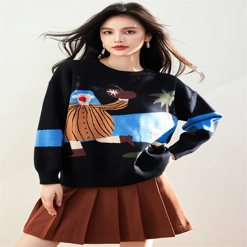 2024 Autumn New Pullover Knitted Sweater Chic Design Loose Lazy Style Sweater Women Retro Round Neck Oversized Tops