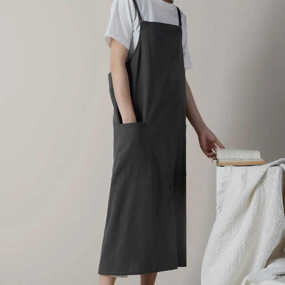 

Korean Cotton Linen Apron Cross Back Work Apron for Women with Pockets Pinafore Dress X Cross Halter Apron for Chef Gardening