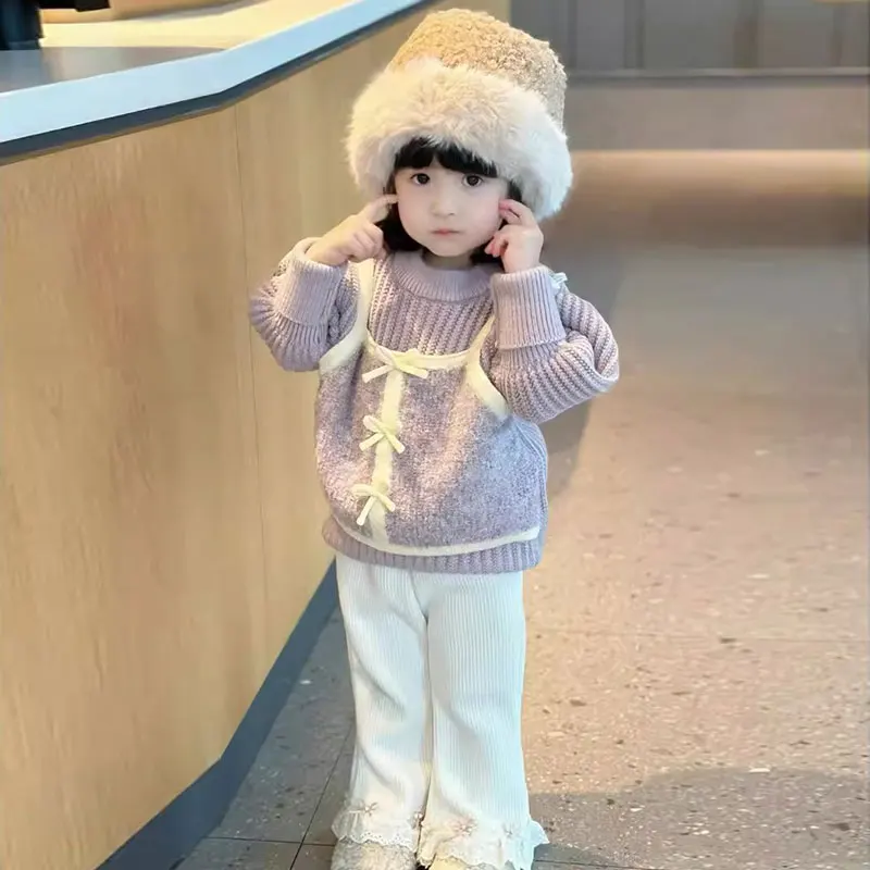 

Зимний вязаный свитер и брюки для девочек, пуловер на флисовой подкладке, брюки, уютный наряд для малышей, модная и теплая, мягкая, удобная ткань