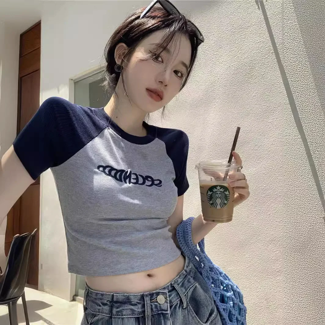Summer O-neck Cropped Top for Women Slim Fit Short Sleeve Korean Fashion T-Shirt Kpop Goth Vintage Y2K Tees Cheap Clothes Woman