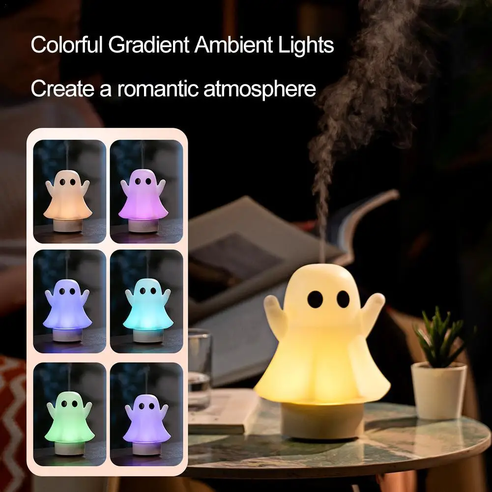 Diffusore di aromi USB silenzioso Mini diffusore di olio ad ultrasuoni a forma di fantasma con luce a 7 colori 3 in 1 umidificatore per aromaterapia luce notturna