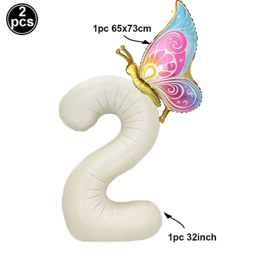 2Pcs Butterfly Birthday Foil Balloons Set Cream Caramel Number Balloons 32inch for Baby Shower Birthday Party Wedding Decortion