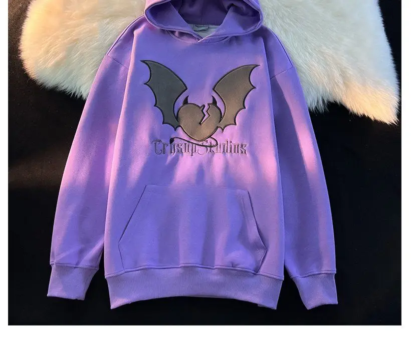 Harajuku Cute Embroidery Bat Wings Cartoon Anime Hoodie Sweatshirt Teenage Students Kawaii Clohtes Long Sleeve Loose Winter Tops