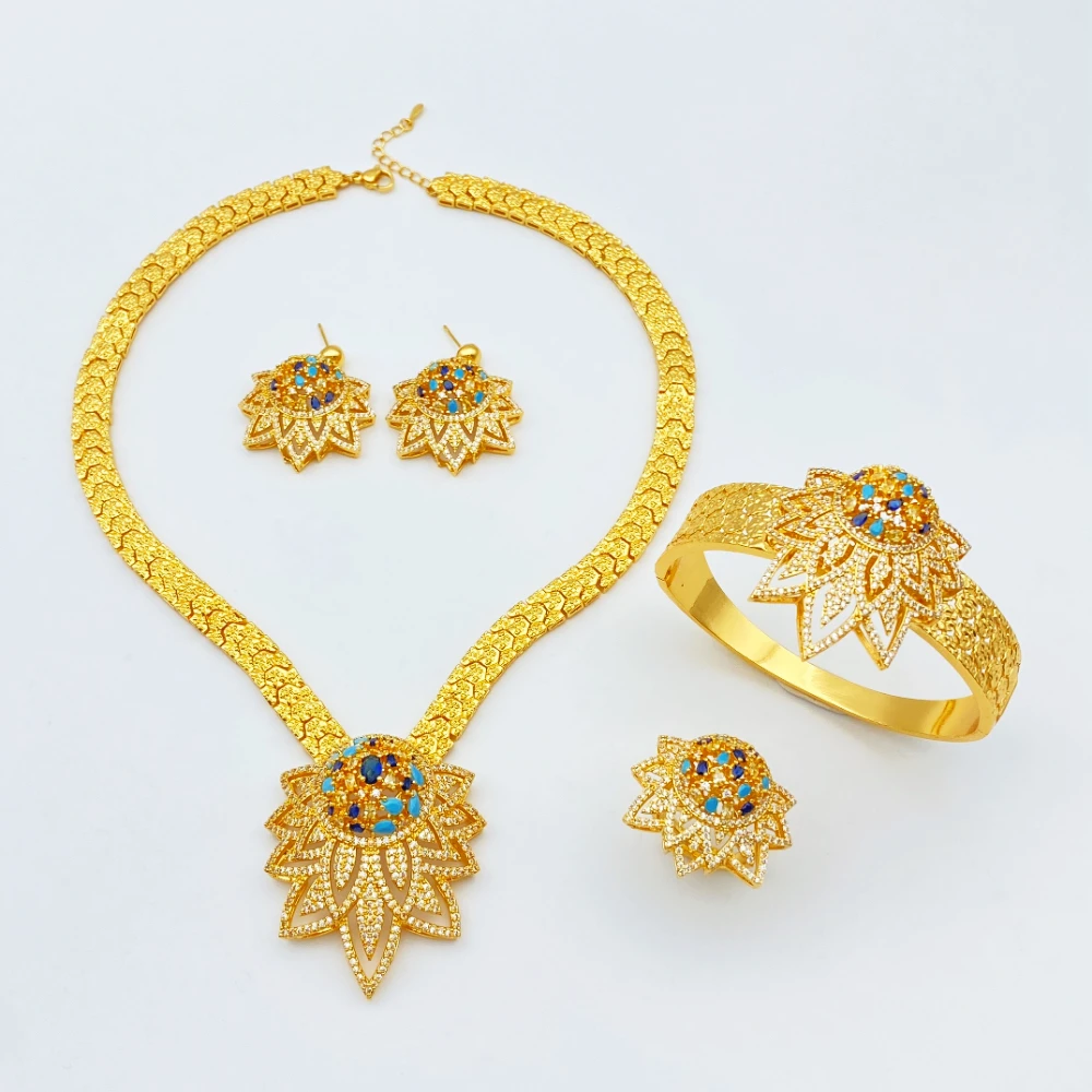 

Falair Hot Selling Valentine‘s Day Geometric Modeling Vintage Gold Plated Brass Inlaid Zircon Necklace Bracelet Earrings Ring