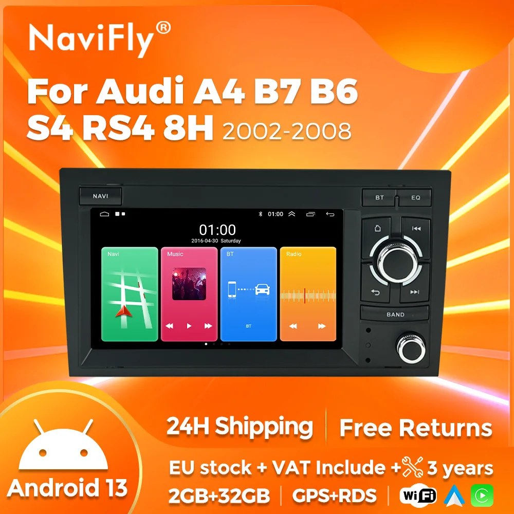 NaviFly Car Radio Video Player For Audi A4 II 2 B6 III 3 B7 2000-2009 S4 2002-2008 RS4 2005-2009 Android 13 Carplay FM RDS WIFI