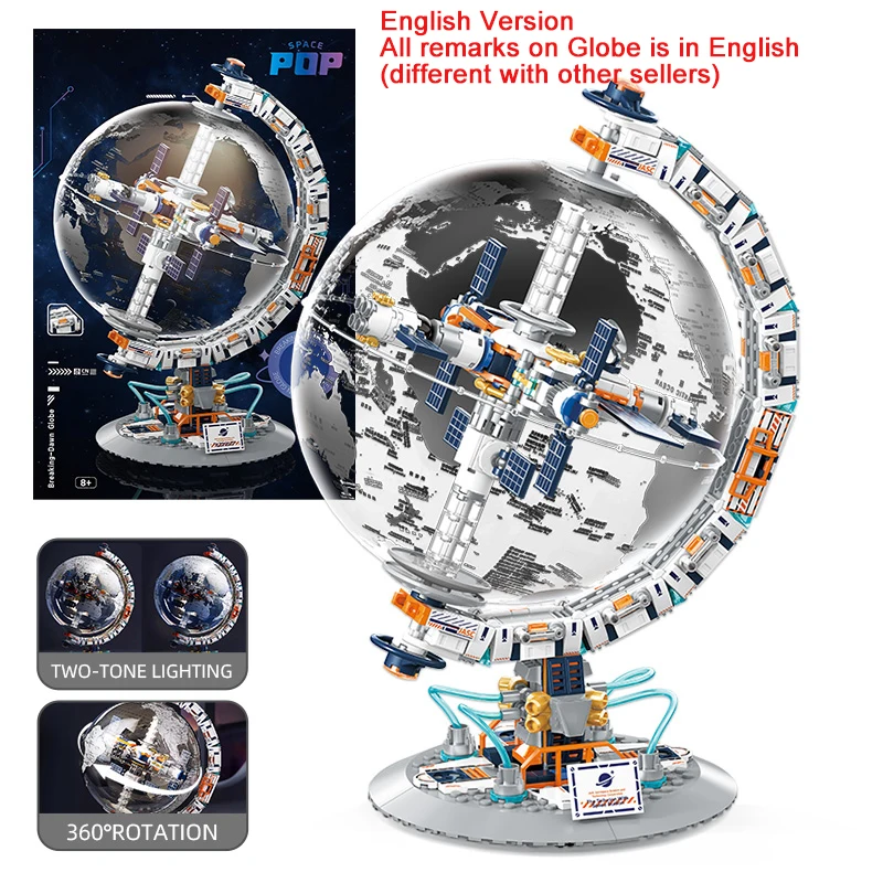 

Space Station Globe Building Set Rotatable Globe Display Model with English Mark Dual Illumination Chrismas Gift for Kid Student