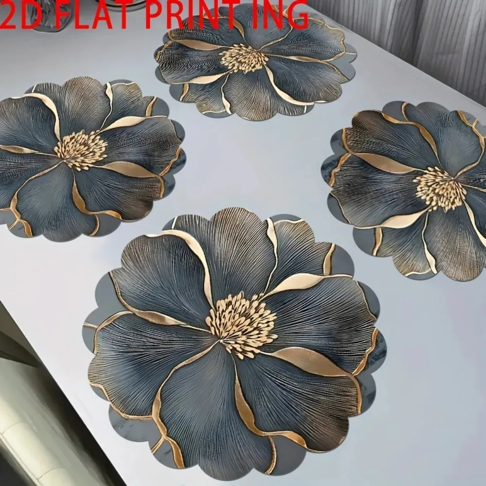 VIKAMA Black Gold Luxury 3D Flower Round Placemat High Grade Waterproof Heat Resistant European Style Table Mat