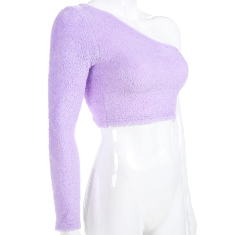 Sexy Women Lavender One Shoulder Long Sleeve Fluffy Crop Top Autumn Winter Slopping Shoulder Faux Fur Short Club T-shirt Top