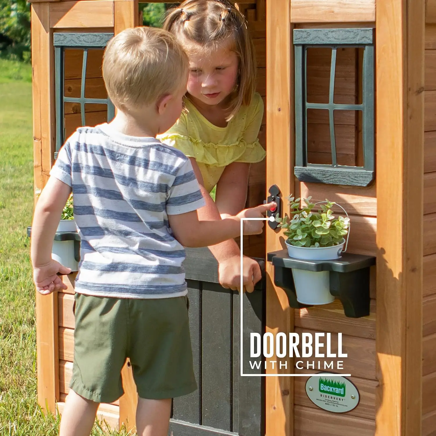 Sweetwater Cedar Wooden Kids Playhouse Cottage with Play Kitchen, Snack Bar, Half Door, Toy Phone, Windows, Flowerpot Holders, a