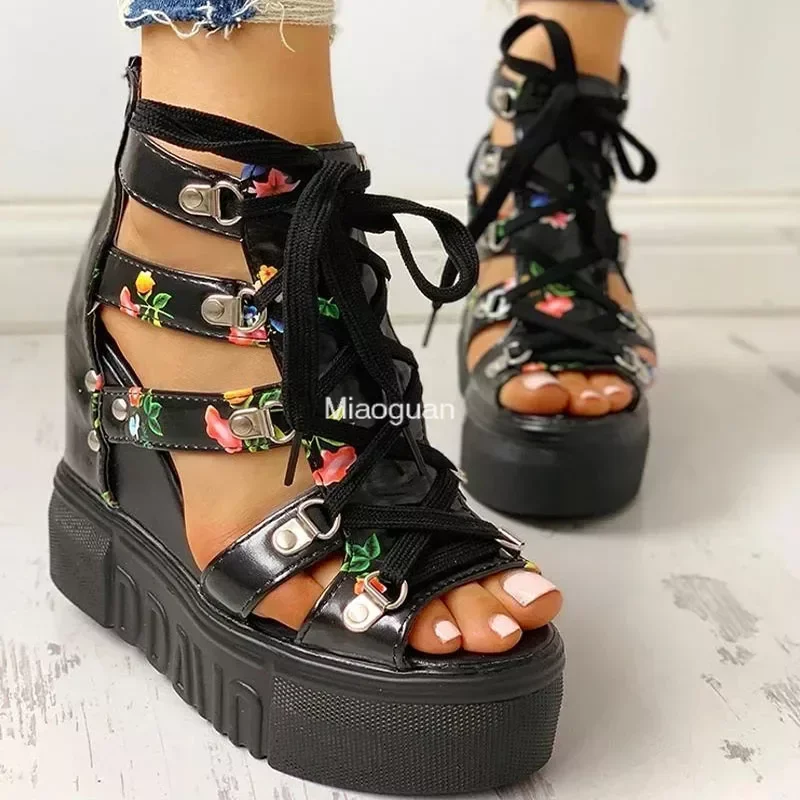 2024 Hot Sale Women\'s New Summer Sandals Floral Wedge High Heels Cross Straps Lace-up Increase 12cm Fashion Casual Shoes Ladies