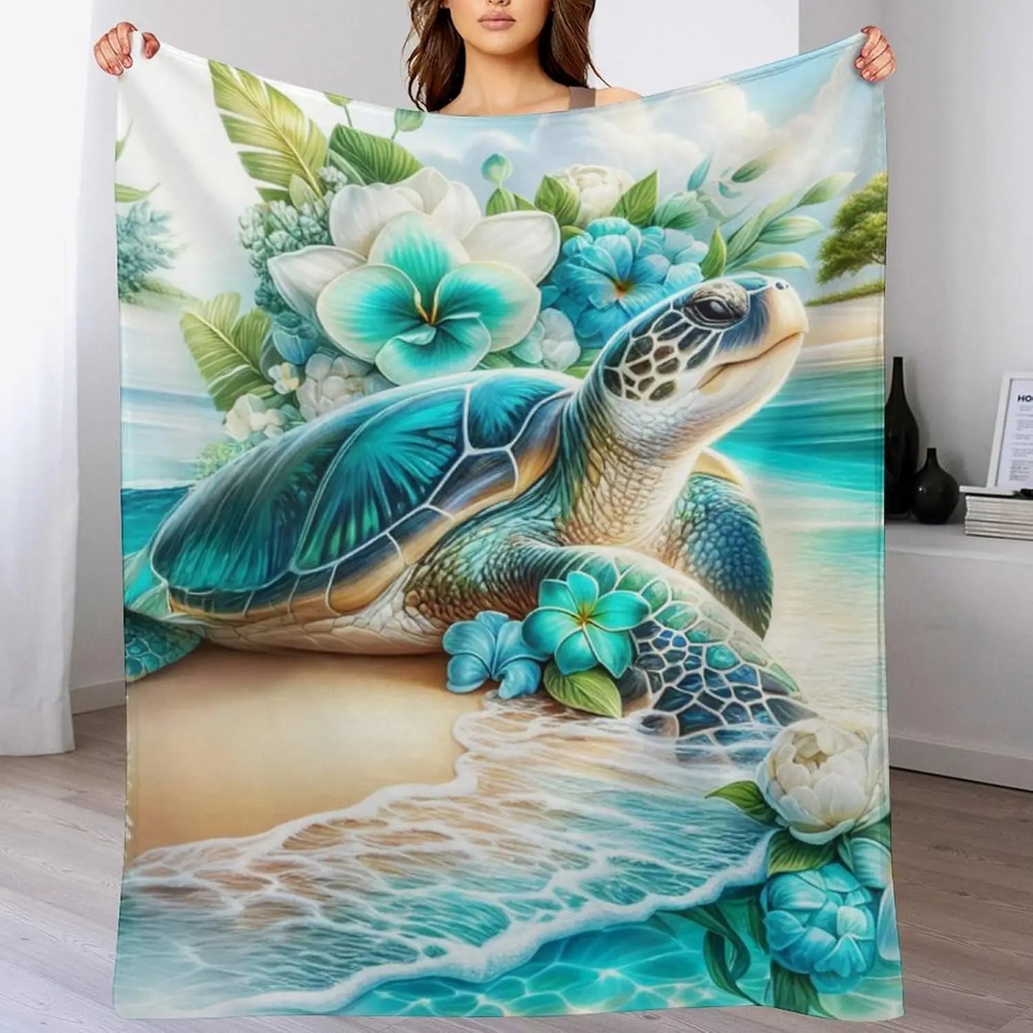 Cozy Sofa Cover Modern Turquoise Seashore Print Throw Blanket Marine Wildlife Bed Sleep Companion Holiday Gift Decor