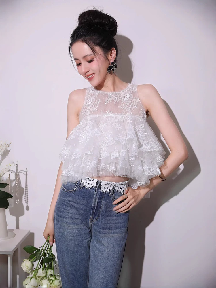 REDDACHiC Layered Ruffle Women Crop Top Fairycore New In Irregular Semi-sheer Lace Blouse Sleeveless Vest Summer Everyday Wear