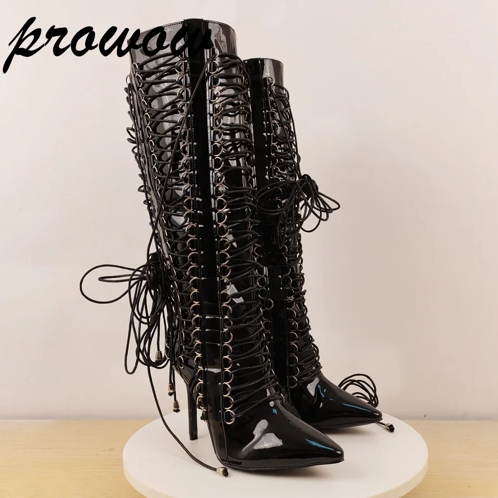 

Черные лакированные кожаные ботинки на шнуровке с острым носком на шпильке, однотонные пикантные женские сапоги до колена, женская обувь