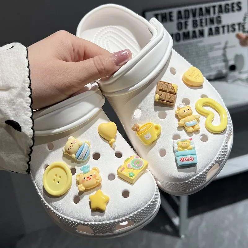 12PCS DIY Hole Shoe Charms Cartoon Yellow Teddy Bear Designer Quality Garden Shoe Decorations for Girls Gift Set of Shoe Accesso