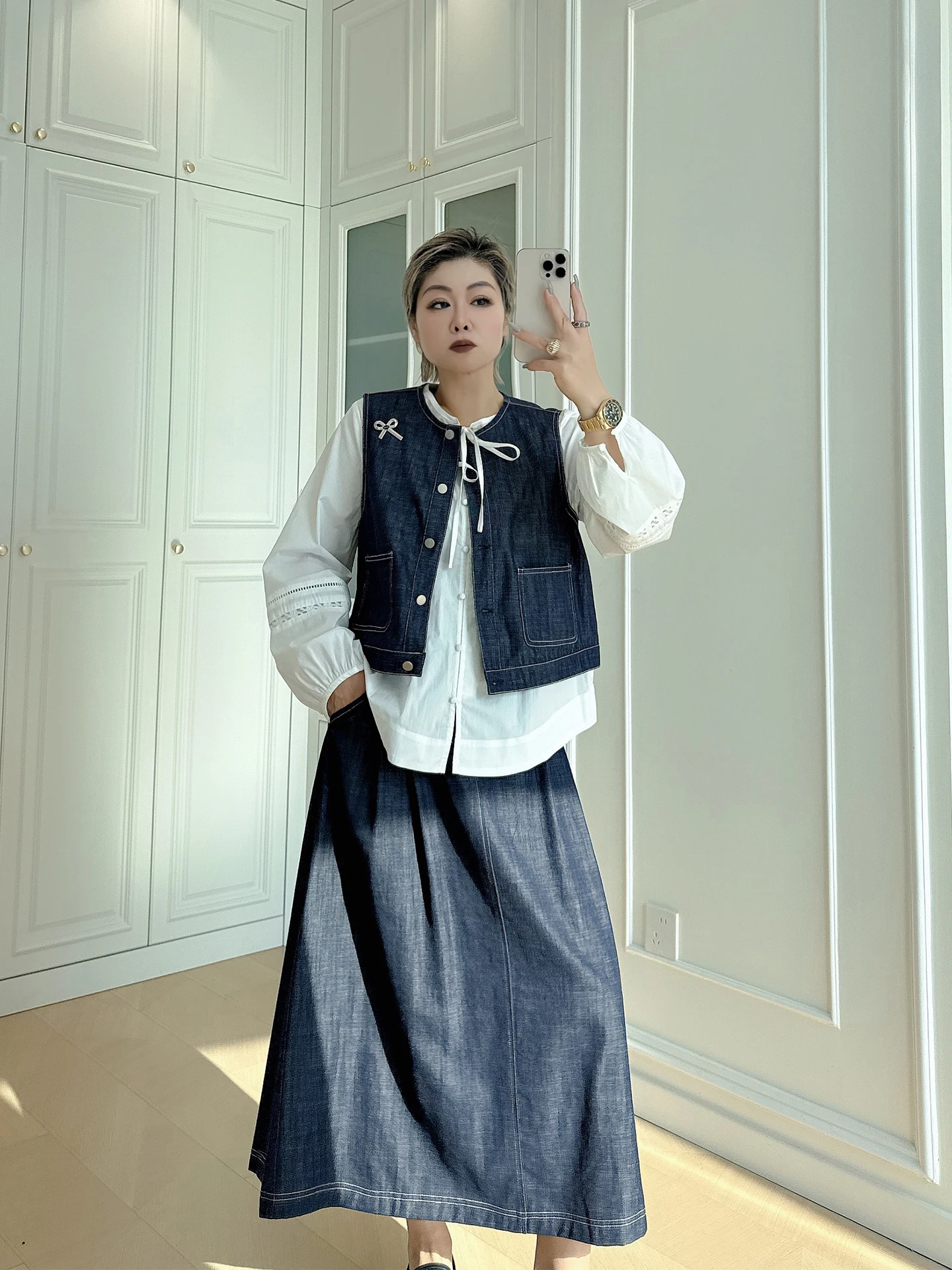 

Casual Vintage Large Size Women's Denim Vest Set Age-Defng irt Mid-Length A-Line Skirt Ensemble Comfortable Loose Fit
