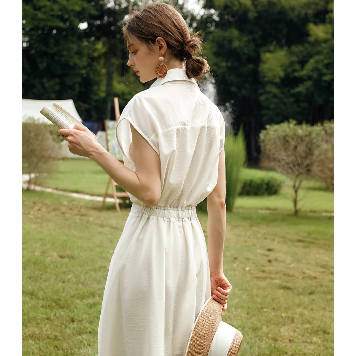 OLrain Donna Estate Lyocell Camicia Abiti 2025 Elegante Donna Vintage Manica corta Svasato Abito longuette Robe Femmes O57XL93151