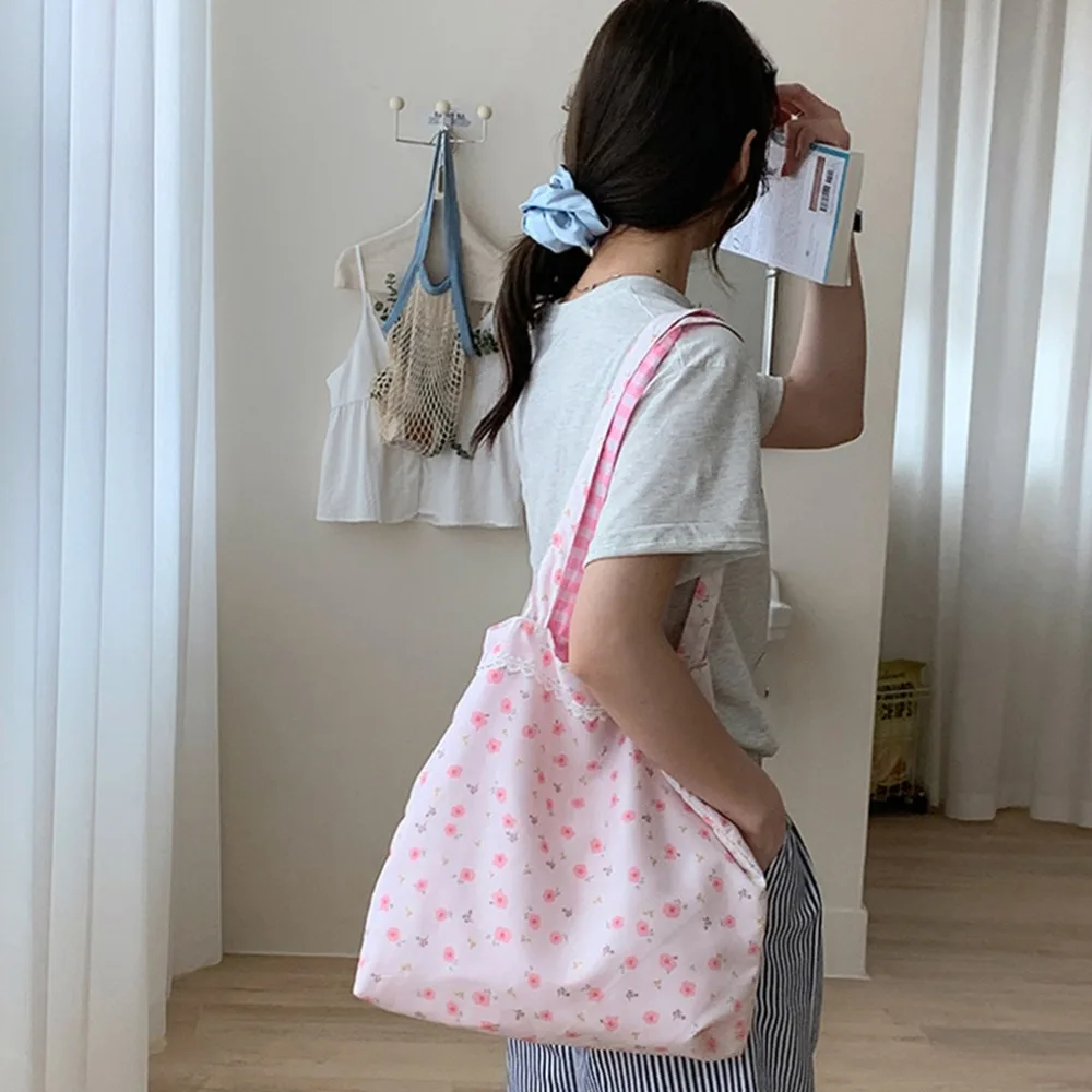 Pink Floral Canvas Shoulder Bag Handbag Korean Travel Beach Bag Double-sided Shopping Totes Bag Girl Lace Underarm Bag