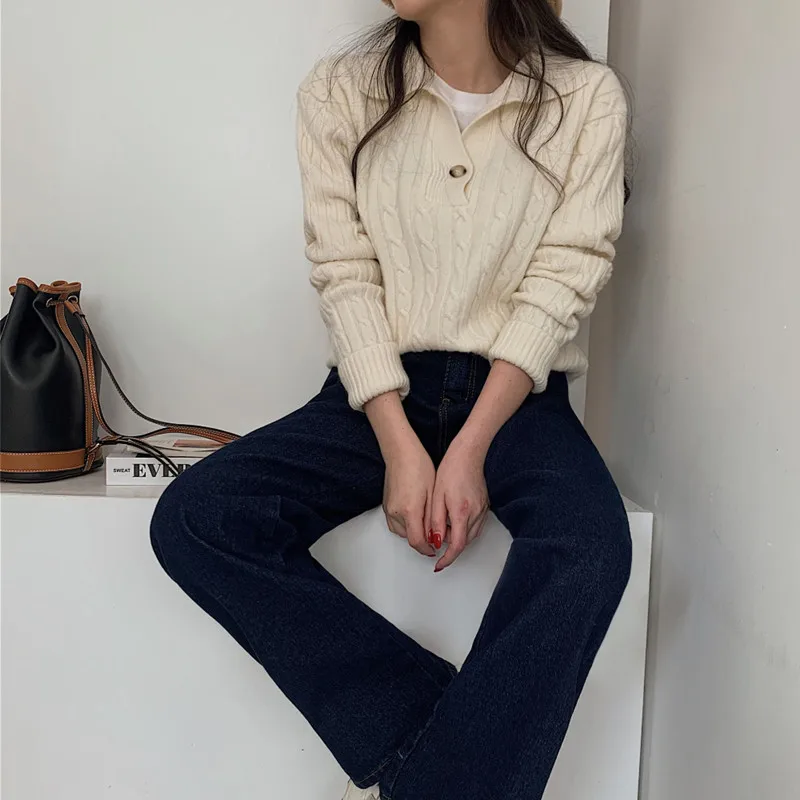 

Fashion Autumn and Winter New Lapel Solid Color Button Long-sleeved Retro Sweater Old Money Style Ladies Sweater Korean Style