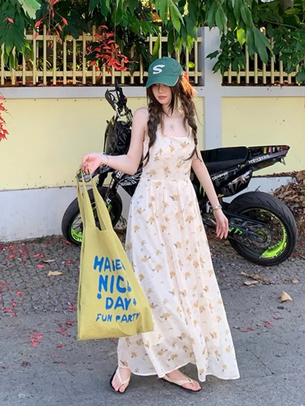 

Новое летнее женское платье больших размеров с цветочным принтом, открытыми плечами, завышенной талией, длинное, в корейском стиле, для повседневной носки