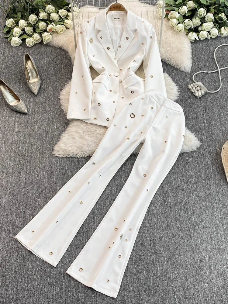 French Temperament Fashion Commuter Metal Hole Single-breasted Blazer Top High Waist Slim Flared Trousers Two-piece Set Women