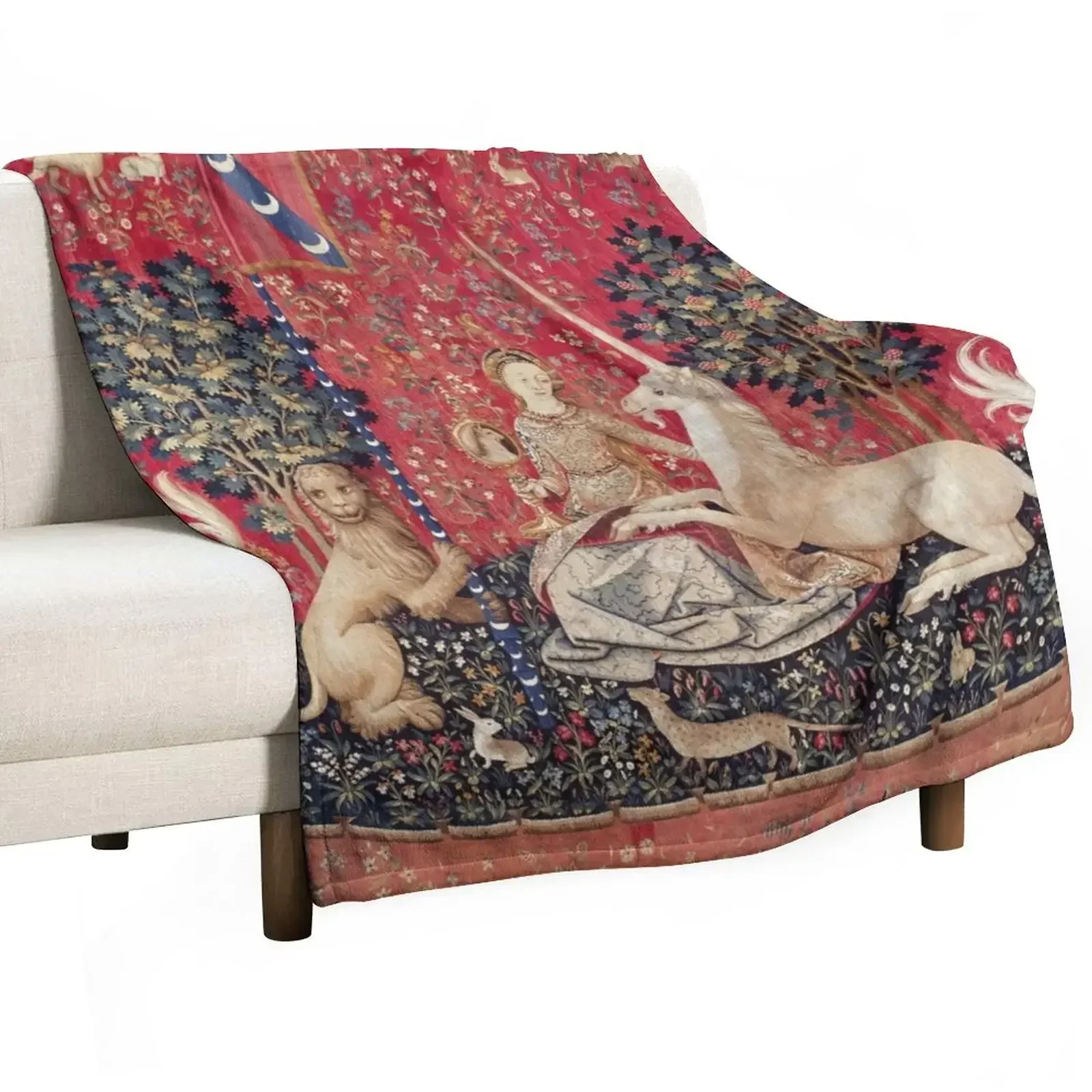 

Lady and Unicorn Medieval Tapestry Five Senses - Sight Throw Blanket Hair Picnic Blankets
