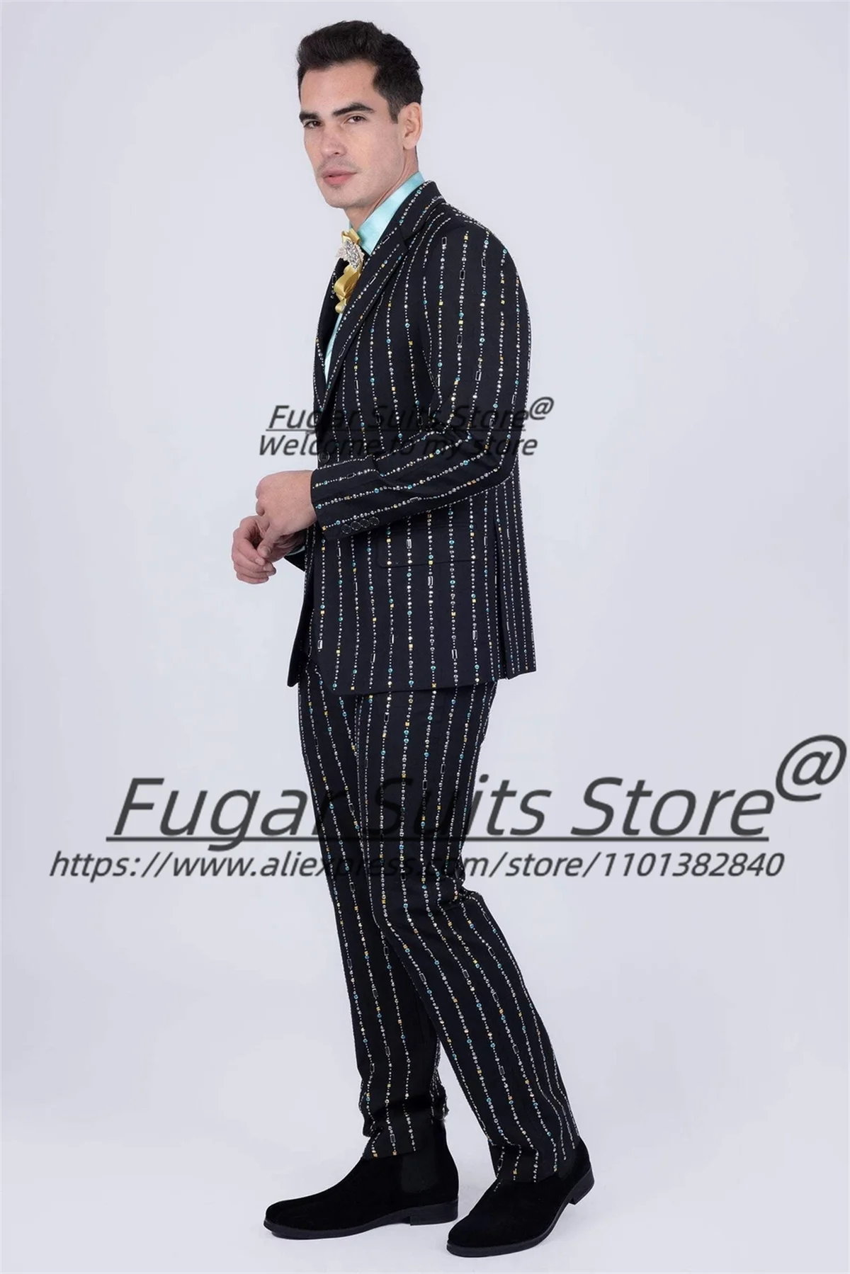 Luxuly Geometric Rhinestone Pattern Male Prom Blazers Customized Elegant Groom Wedding Tuxedos 2 Pieces Sets Fashion Ropa Hombre