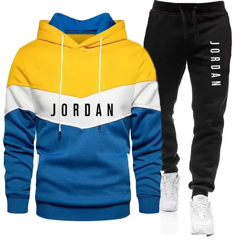 Men Jordan Letter Print Tracksuit Color Block Patchwork Hooded Sweatshirt & Sweatpants Set Sports Jogging Two Piece Outfit - view 5