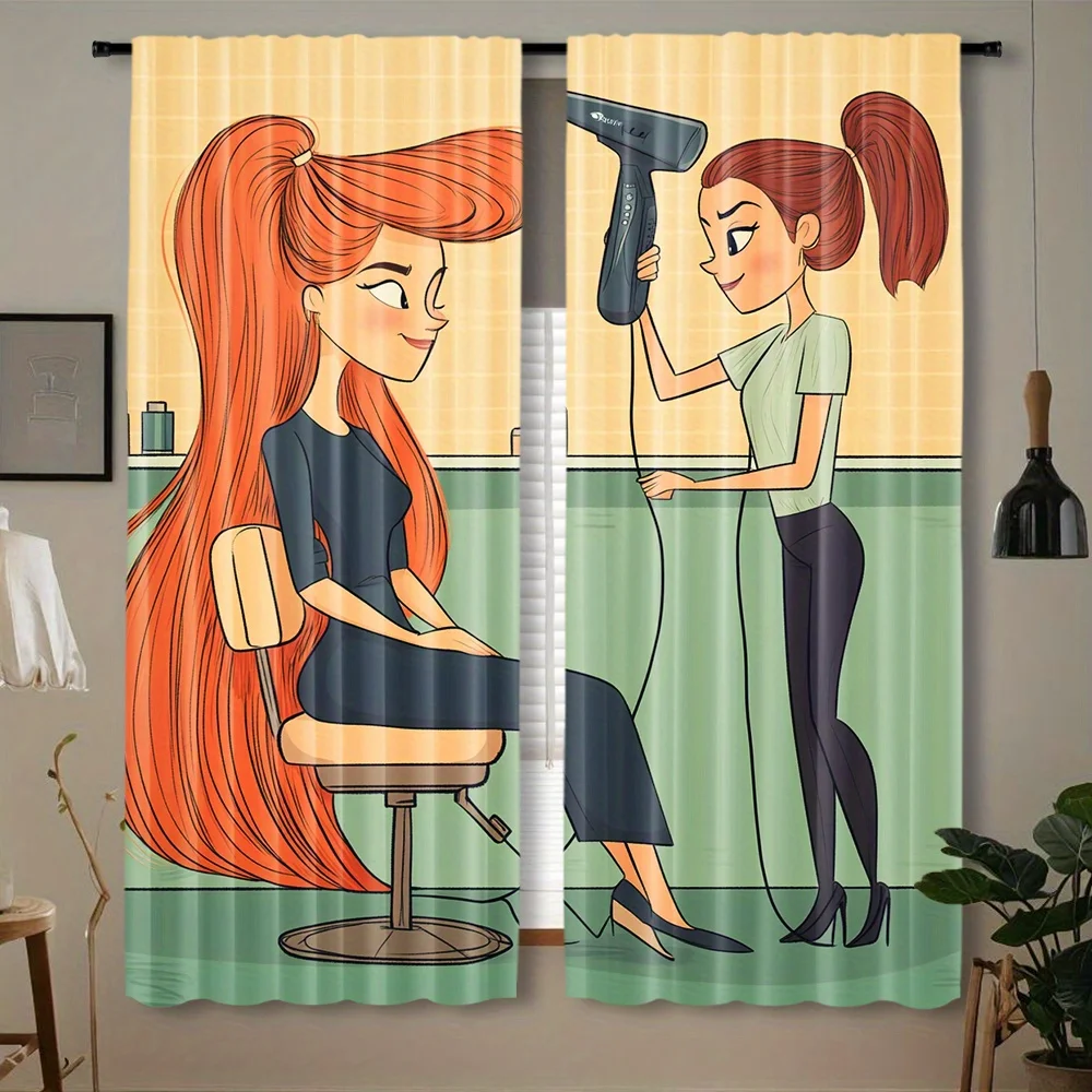 Cartoon Hair Salon Curtains 2 Panels, Hairstylist Blow Dryer Red Long Hair Yellow Tile Background for Salon Bedroom Curtain