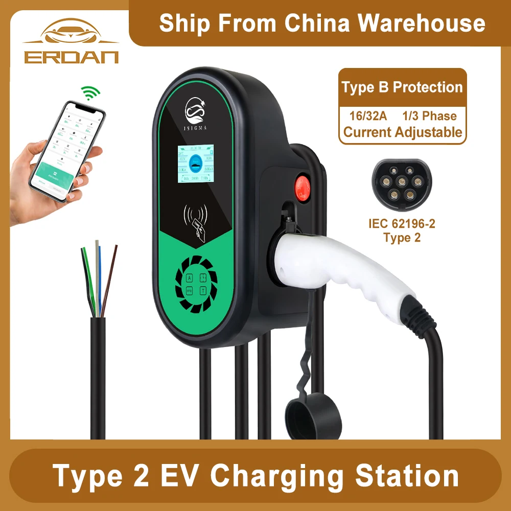 ERDAN 32A 3P 22KW Type2 IEC62196-2 EV Charging Station Wall-mounted EVSE RFID Card WiFi Monitoring App Remote Control Wallbox