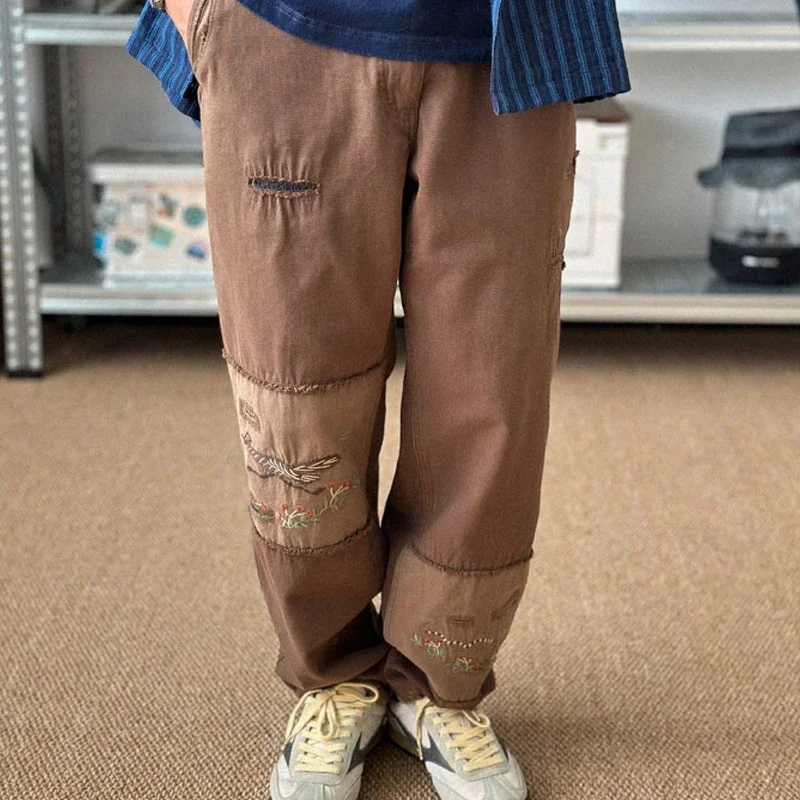Japanese Retro Washed Torn Hole Patchwork Patch Embroidered Loose Casual Straight Leg Pants for Men Fashion