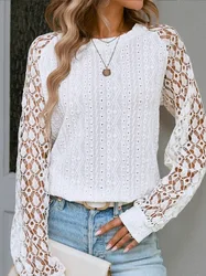 Elegant Lace Stitching Women's Autumn Blouses Fashion Puff Long Sleeve Top Casual White Shirt Youth Woman Blouses