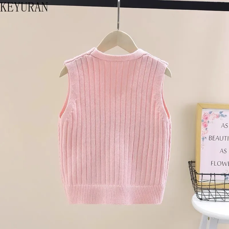 French Sweet Bow Knitted Cardigan Vest Women\'s 2024 Autumn Vintage Slim Fit V-neck Sleeveless Sweater Vest Crop Tops Y2k Clothes