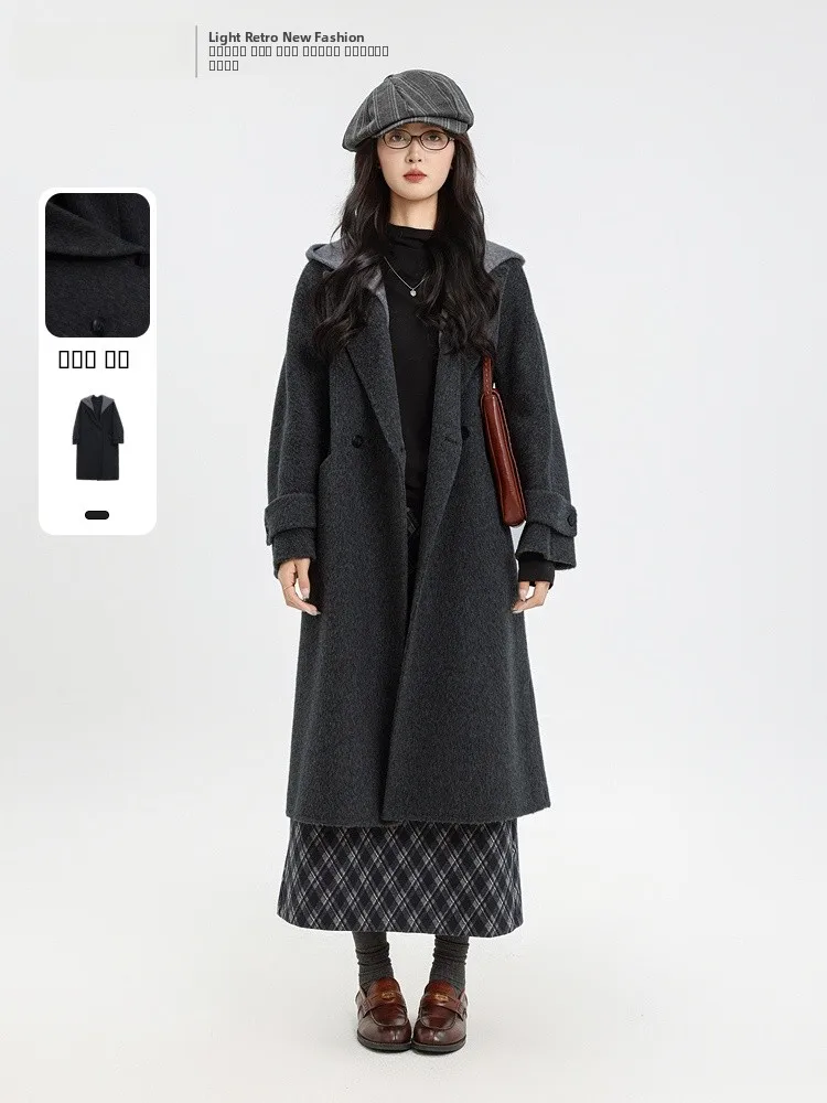 

Ele Long Double-Faced Woolen Coat with Hood Winter New Arrival for Women Korean Sle Loose Fit Thiened Wool And Alpaca