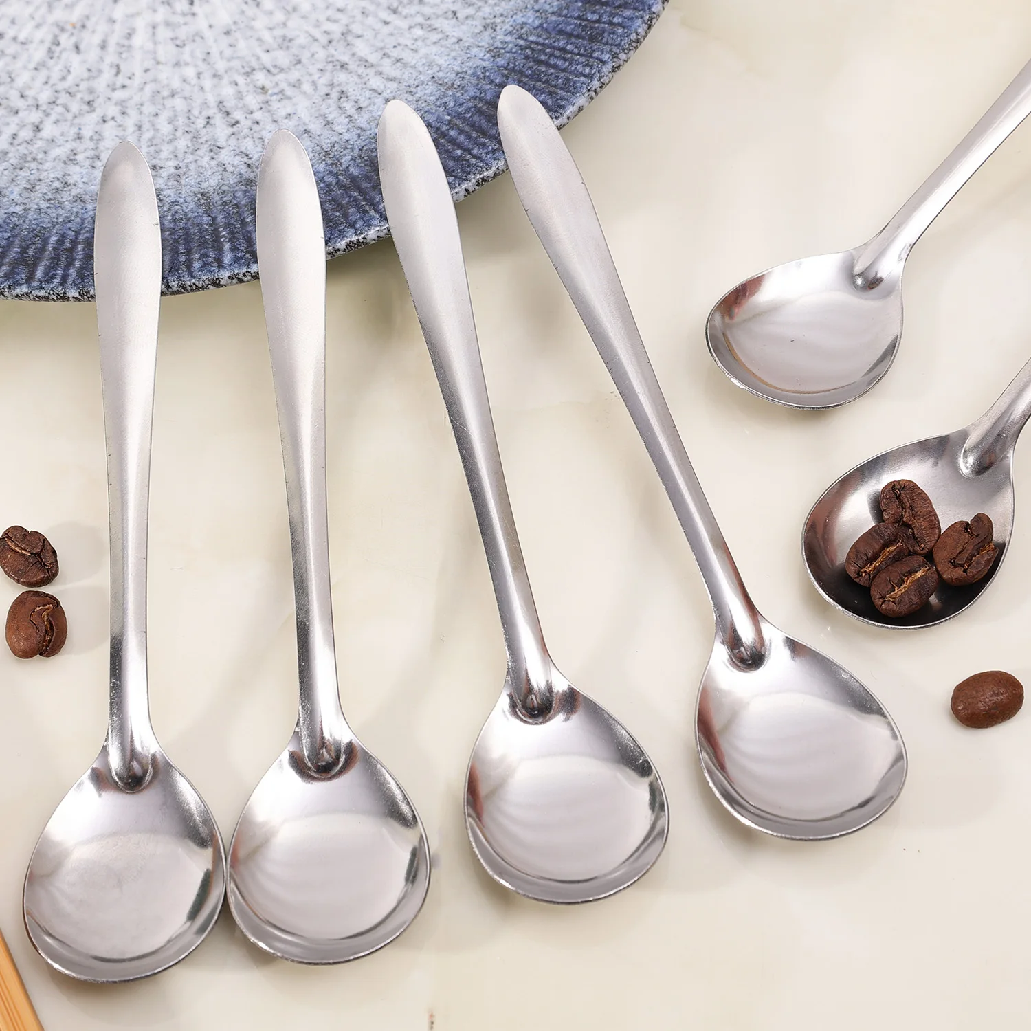 Silver Long Handle Stirring Dessert Spoons Stainless Steel Coffee Spoon Dessert Seasoning Tools Home Kitchen Accessories view 5