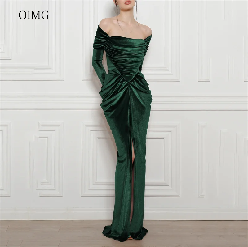 

OIMG Green Velvet Off The Shoulder Mermaid Prom Gowns Backless Pleated Party Gown Slit Floor Length Evening Dress Customized