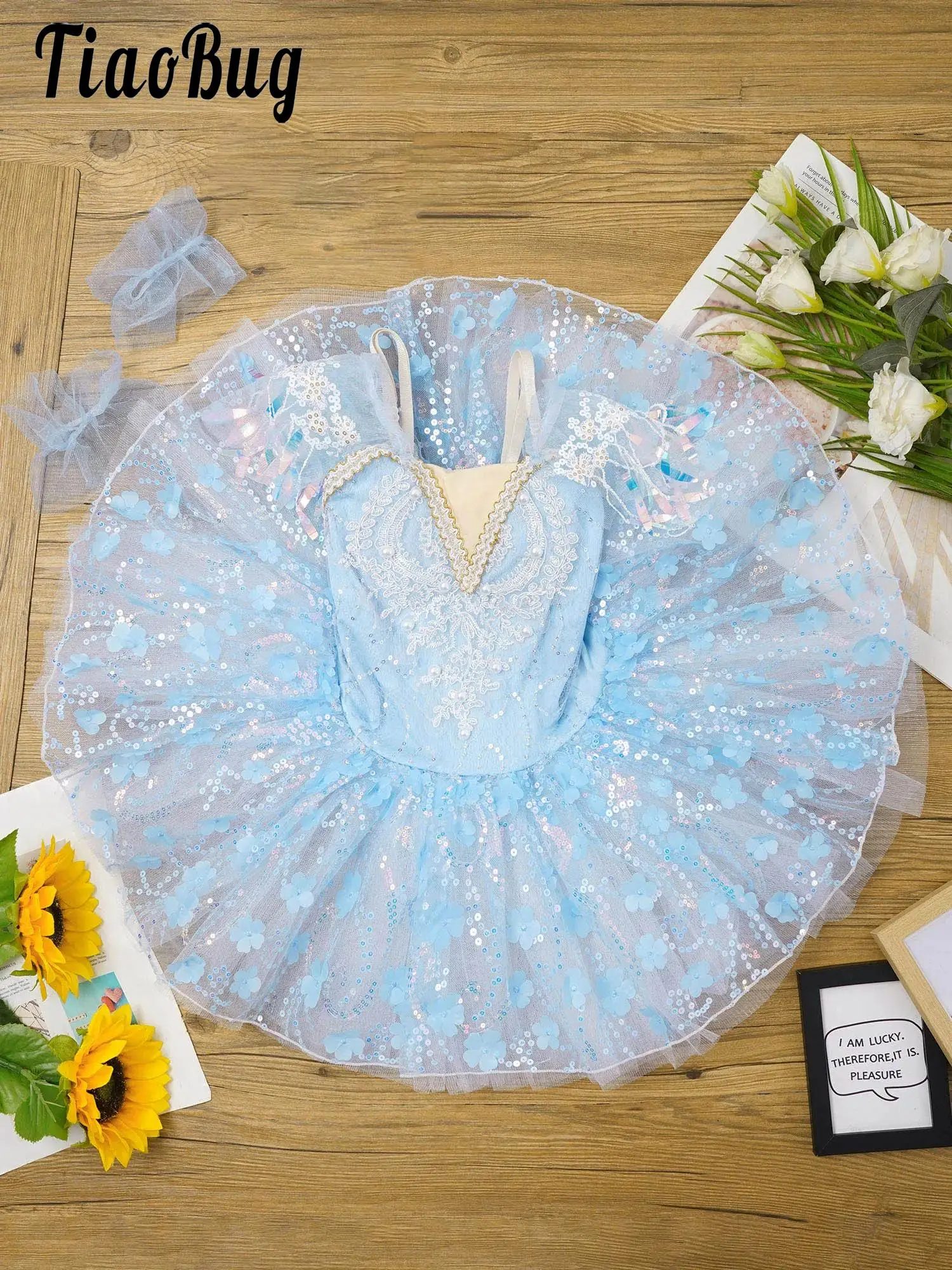 

Kids Girls Ballet Dance Performance Costume Ballerina Dresses Applique Bodice Sequins Layered Tulle Tutu Dance Dress with Cuffs