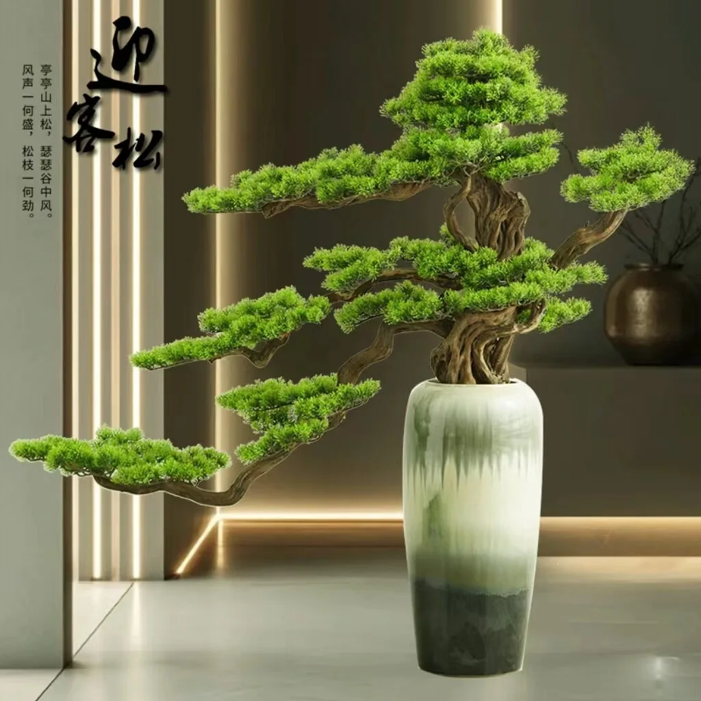 New Chinese style simulated welcome pine tea room hotel lobby entrance decoration large floor green plant fake tree landscaping