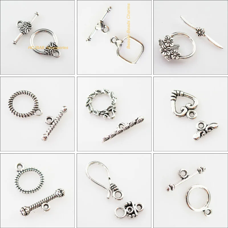 New Retro Square Circle Teardrop Heart Connectors NecklaceToggle Clasps Antique Silver Plated